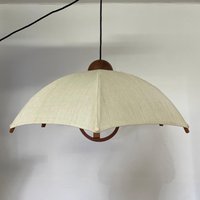 Domus Typ 2407 Hängelampe/Lampe Deckenleuchte Aus Teakholz Und Stoff Mit Gewicht 60Er Mid Century Vintage von HannoverVintagestore