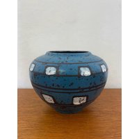 Ilkra Vase Aus Keramik in Blau, Schwarz Mit Weiß 60Er 70Er Mid Century Vintage von HannoverVintagestore