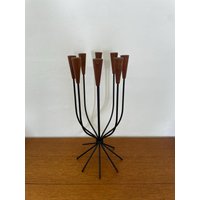 Mid Century 8-Flammiger Kerzenhalter/Kerzenständer Aus Teakholz Und Eisen 60Er 70Er Vintage von HannoverVintagestore