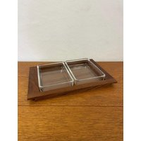 Teakholz Tablett Mit Zwei Snack-Schalen Aus Glas 60Er 70Er Mid Century Vintage von HannoverVintagestore