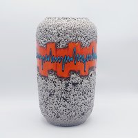 Vintage Keramik Vase Lava Design 60Er Jahre Deko Rot Weiß Bodenvase 39cm von HannovervintageShop