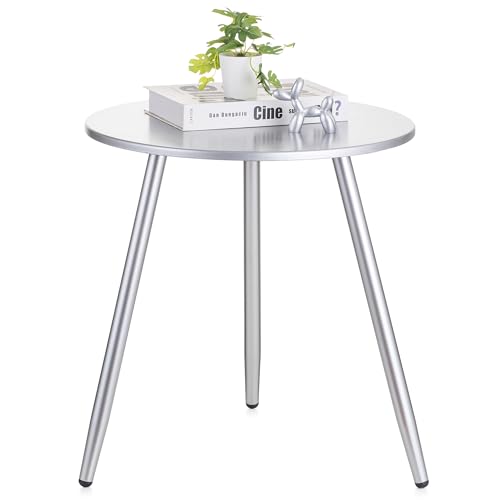 Hanobe Beistelltisch Rund Tisch Holz: Modern Luxuriös Silber Kleiner Holz Beistelltisch für Wohnzimmer mit 3 Tischbeine aus Metall Klein Outdoor Couch Sofa Tische fürs Garten, 45 x 45cm von Hanobe
