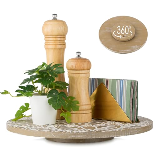 Hanobe Deko Tablett Drehteller Holz: Rustikal Rund Lazy Susan Holztablett Boho Blumen Drehteller Organizer Vintage Servier Dekotablett für Küche Display Dekoration von Hanobe