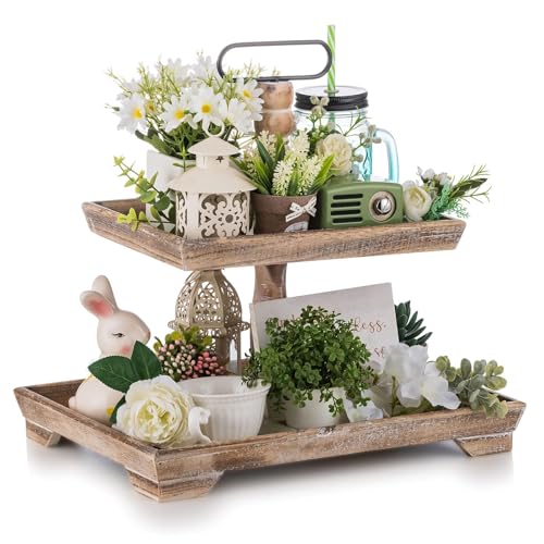 Hanobe Deko Tablett Etagere Holz: Braun Holztablett Groß Rechteckig mit 2 Ebenen Bauernhaus Dekotablett Vintage Shabby serviertabletts für Home Kaffeeecke Duschraum von Hanobe