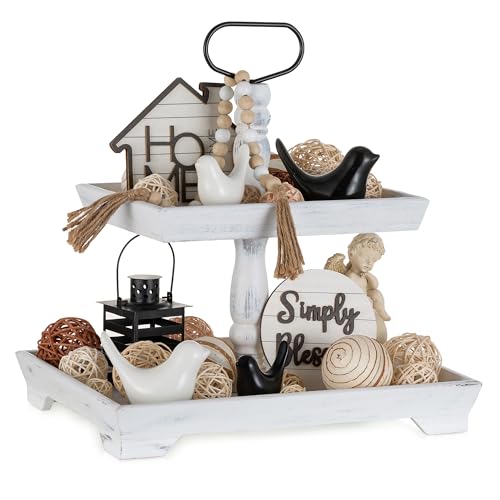 Hanobe Deko Tablett Etagere Holz: Weiß Gewaschen Holztablett Groß Rechteckig mit 2 Etagen Bauernhaus Dekotablett - Vintage Shabby Serviertabletts für Home Küche Kaffeeecke von Hanobe