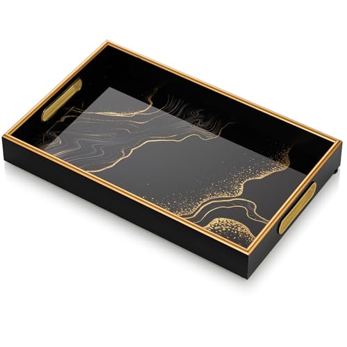 Hanobe Dekoratives Serviertablett Schwarz: Couchtisch Tablett mit Griffen für Ottomane Wohnkultur Moderne Goldrand Glas Getränketabletts für Küchentheke Dekanter Bar, leicht zu reinigen von Hanobe