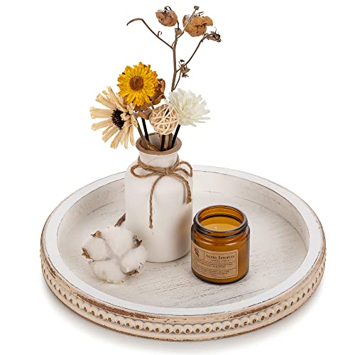 Hanobe Holztablett Deko Tablett Rund: Weiß Gewaschen Dekotablett Serviertablett mit Perlen Rand Vintage Weiss Shabby Weißes Kerzen Holztabletts für Küche Tisch von Hanobe