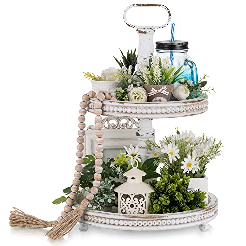 Hanobe Holztablett Deko Tablett Etagere: Weiß Gewaschen Rund Holz Dekotablett 2 Etagere Bauernhaus mit Perlen Rand Vintage Shabby Serviertablett für Home Wohnzimmer Küche Tisch von Hanobe