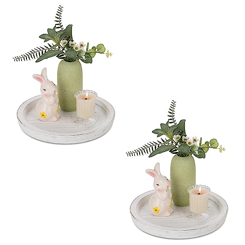 Hanobe Holztablett Rund Deko Tablett: Rustikal Weiß Tablett Holz Vintage Serviertablett Klein 2er Set Dekotablett Shabby Rundes Tabletts für Kerzen Teelicht Kerzentablett Tisch Teelichthalter von Hanobe