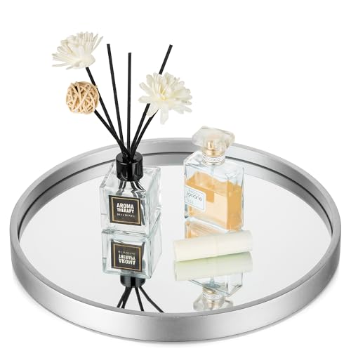Hanobe Spiegeltablett Badezimmer Tablett Holz: Dekotablett Rund Deko Modern Splitter Holztablett Spiegel Klein Parfume Organizer Schmucktablett Dekoteller für Schminktisch 30cm von Hanobe