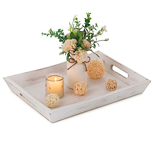 Hanobe Tablett Serviertablett Holztablett Deko: Rechteckig Holz Servier Tabletts für Kaffee Tabelle Weiss Holztabletts mit Griff für Wohnzimmer Tisch Dekoration von Hanobe