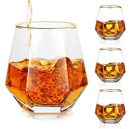 Hanobe Wiskey-gläser Whiskygläser Whisky Glas: Einzigartige Geometrische Gekippt Whiskey Glas Goldrand 4er Kristallglas Diamond Whyskiglaser Modern Wisky-gläser Set 10oz Whiskeygläse Klar Wisky-gläse von Hanobe