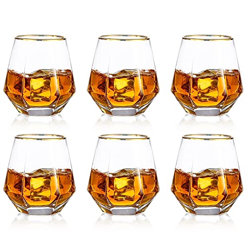 Hanobe Wiskey-gläser Whiskygläser Whisky Glas: Einzigartige Geometrische Gekippt Whiskey Glas Goldrand 6er Kristallglas Diamond Whyskiglaser Modern Wisky-gläser Set 10oz Whiskeygläse Klar Wisky-gläse von Hanobe
