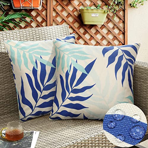 2 Stück Kissenbezug Frühling Outdoor Kissenbezug Blau Wasserdicht Blattmuster Dekokissen Wasserfeste Kissenbezüge Kissenhülle Zierkissen Schaukelstuhl für Couch Schlafzimmer Sofa Kissenbezug 50x50 cm von Hanrunsi