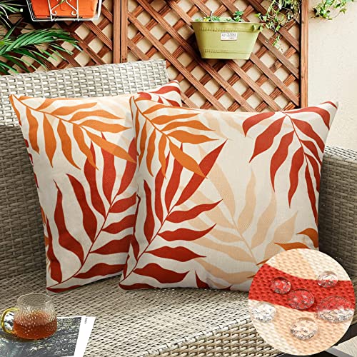 2 Stück Kissenbezug Frühling Sommer Outdoor Wasserdicht Sofakissen Wasserfest Dekokissen Kissenbezüge Rot Orange Gelb Blätter Dekorativ Kissen Kissenhülle Leinen für Garten Sofa Wohnzimmer 40x40 cm von Hanrunsi