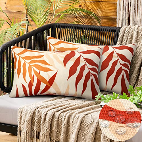 2 Stück Kissenbezug Frühling Sommer Outdoor Wasserdicht Sofakissen Wasserfest Dekokissen Kissenbezüge Rot Orange Gelb Blätter Dekorativ Kissen Kissenhülle Leinen für Garten Sofa Wohnzimmer 30x50 cm von Hanrunsi