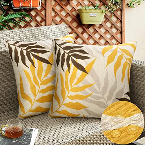 2er Set Outdoor Kissenbezüge Wasserfeste Kissen Wasserdicht Kissenhülle Braune Blätter Dekohülle Sofakissen Moderne Couchkissen für Draußer Garten Balkon Terrasse Sommer Kissenbezug 40x40cm Gelber von Hanrunsi