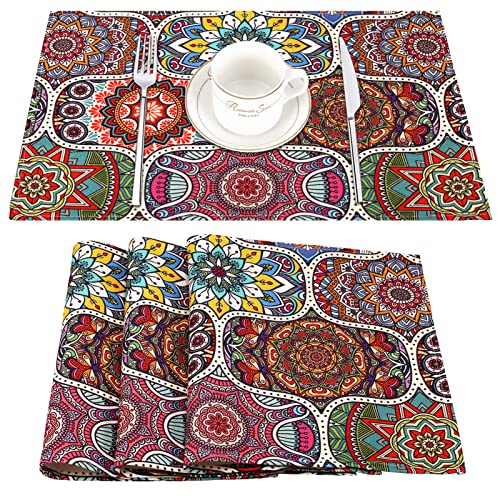 Abwaschbar Tischset Leinen Tischsets Abwaschbar Set mit 4 Ethnischen Boho Ornamenten Platzsets Platzset Waschbare rutschfeste Hitzebeständige Rechteckige Tischsets Esszimmer Dekoration 45 x 32cm von Hanrunsi