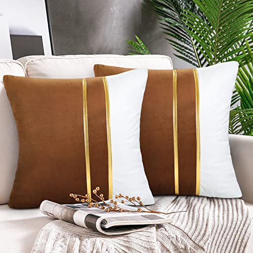 Dekorative Kissenbezug 2er Set Kissen Samt Kissenhülle 40x40 cm(16x16 Inch) Kissen Golden Patchwork kopfkissenbezug Dekokissen Kissenhülle für Sofa Auto Schlafzimmer Zuhause Büro Auto (Braun) von Hanrunsi