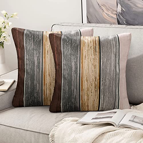 Hanrunsi Kissenbezüge 40x40 Braun Grau 2er Set Kissenbezug 40x40 Leinen Modern Dekorative Kissenbezug 40x40 Quadratischer Holzstreifen Retro Kissen für Sofa Couch Autobett Wohnzimmer Home Decor von Hanrunsi