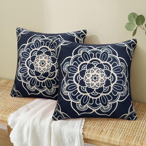 Hanrunsi Kissenbezüge 45x45 Mandala 2er Set Marineblau Dekorative Moderne Design-Kissenbezüge für Wohnzimmer, Schlafzimmer, Akzent Kissenbezüge für Couch, Sofa, Stuhl, Bett von Hanrunsi