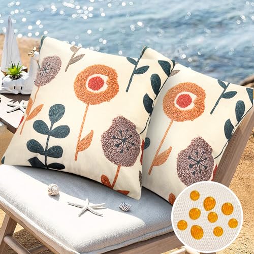 Hanrunsi Kissenbezüge 45x45cm wasserdichte Blume Blätter Blau Kissenbezug Bedruckt Frühling Sommer Herbst Winter Leinen Kissenbezüge 2er Set für Garten Bank Couch Wohnzimmer von Hanrunsi