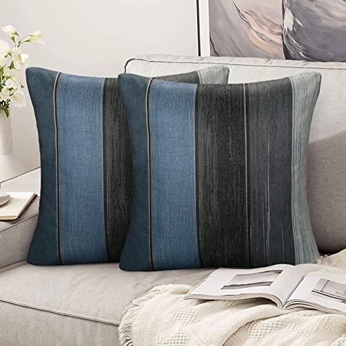 Hanrunsi Kissenbezug Modern 50x50 cm Blau Kissenbezüge Dunkelblau Holzstreifen Retro Dekokissen aus Rustikalem Holz aus Leinen für Sofa mit Verdecktem Glattem Reißverschluss 2er Set von Hanrunsi