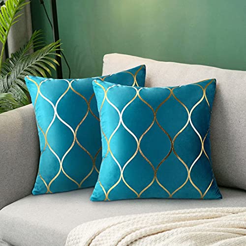 Hanrunsi Kissenbezug Türkis Blau 40x40cm Dekorative Kissen für Sofa Wohnzimmer Kissen Dekokissenbezüge 2er Set Gold 16x16'' von Hanrunsi