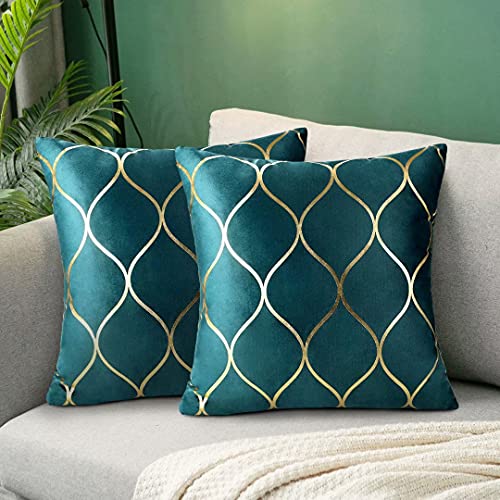 Hanrunsi Kissenbezug mit Gold Sofakissen Türkis Kissenbezüge 2er Pack Kuschelige Kissenhülle für Couch Bettsofa Bunt Geometrisch 40x 40cm Petrol Blau von Hanrunsi