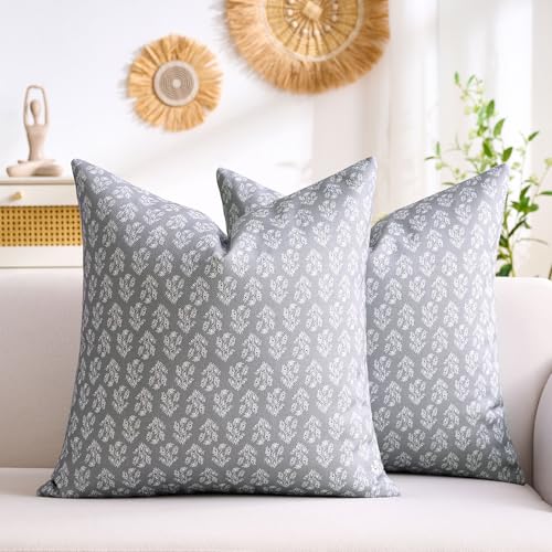 Hanrunsi Kissenhülle 45x45 cm Grau Blumen Kissenbezug Rustikal Dekokissen Outdoor Kissenbezüge Leinen Dekokissen Pillow Case für Schlafzimmer, Sofa, Stuhl, Bett, Garten 2er Set von Hanrunsi