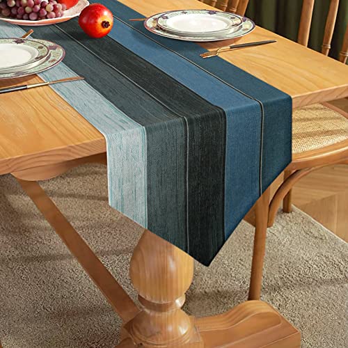 Tischläufer Blau Leinen Modern Tischläufer Streifen Holzmuster Rustikale Retro Dielen Nackte Tischsets Läufer Set für Esstisch Party Hochzeitswäsche 40x140cm von Hanrunsi