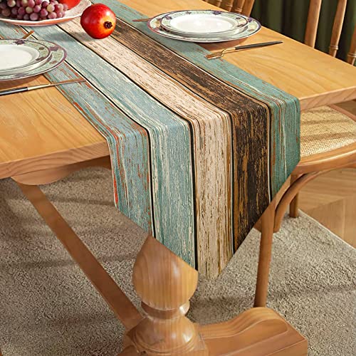 Tischläufer Moderne Wohnzimmer Tischsets Grün Leinen Tischläufer Raumsets Antik Altrustikales Holz Blau-Beige-Braun Tischsets für Esstisch Party Hochzeitswäsche 40x140cm von Hanrunsi