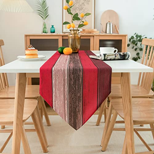 Hanrunsi Tischläufer Rot Orange Leinen Moderne Holz Textur Streifen Bauernhaus Rustikal Retro Braun 33x183cm Jute Tischläufer für Esstisch Bauernhaus Party Picknick Kostenlose Küche Dekoration von Hanrunsi