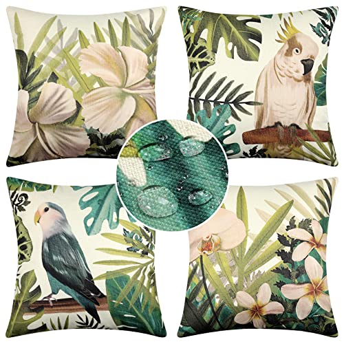 Hanrunsi wasserdichte Kissenbezüge 45 x 45 cm Tropischer Regenwald Grünpflanze Blume Dschungel Papagei Vogel Dekorative Kissenbezüge aus Leinen Quadratische für Couch, Auto, Dekoration, 4er-Set von Hanrunsi