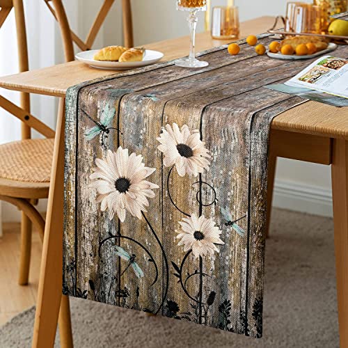 Tischläufer Frühling Grau Tischläufer Modern Tischläufer Grüne Blume Vintage-Holzstruktur Tischläufer Küche Esstisch Dekor Dekoration für Drinnen und Draußen Party Wohnzimmer 33 x 183 cm Tischläufer von Hanrunsi