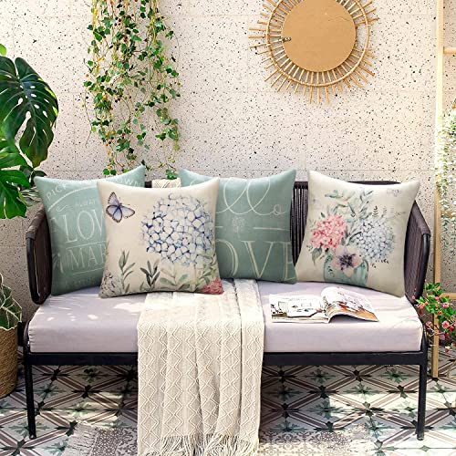 Kissenbezüge 50x50 Grün Outdoor 4er Set Dekokissen Leinen Kissenbezuge Blumenvase im Landhausstil Dekorative Sofakissen Deko Kissen Einfach Decor für Couch Wohnzimmer Garten Schaukelstuhl Zierkissen von Hanrunsi