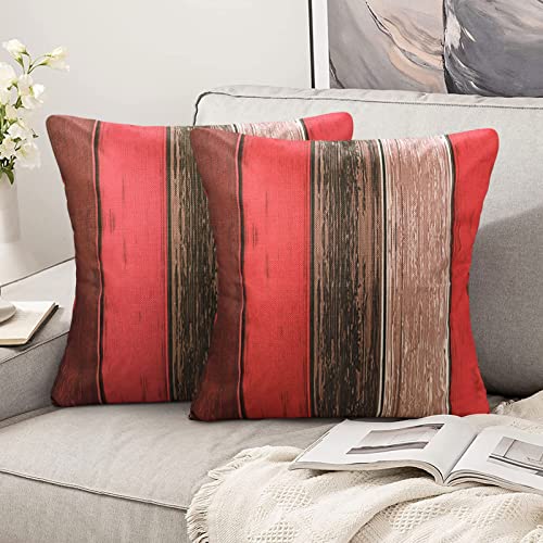 Kissenbezug Rot 45x45 Leinen Kissenbezüge 45x45 2er Set Farbigen Streifen Bauernhaus Rustikale Scheune Holz Textur Rot Orange Grau Kissenbezug für Sofa Stuhl Balkon mit Unsichtbarem Reißverschluss von Hanrunsi