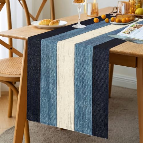 Moderner Tischläufer Mode Tischläufer Tief Blau Weiss Holzmaserungsstreifen Winter Tischläufer Saisonnal Küche Tisch Dekoration Drinnen Urlaub Party Dekor 33 x 183 cm Alter Vintage Tischlaufer von Hanrunsi