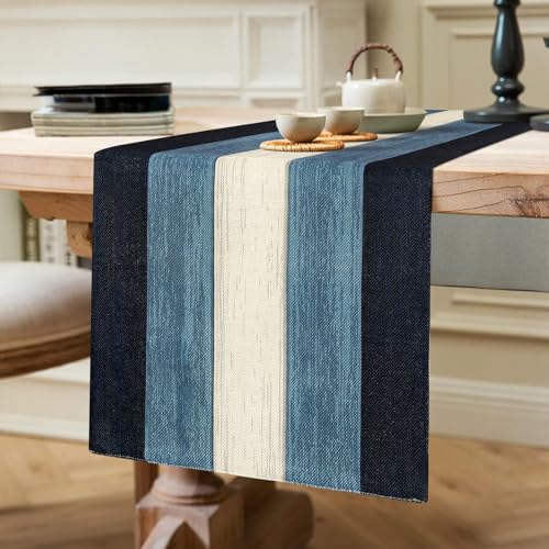 Moderner Tischläufer Mode Tischläufer Tief Blau Weiss Holzmaserungsstreifen Winter Tischläufer Saisonnal Küche Tisch Dekoration Drinnen Urlaub Party Dekor 40 x 140 cm Alter Vintage Tischlaufer von Hanrunsi