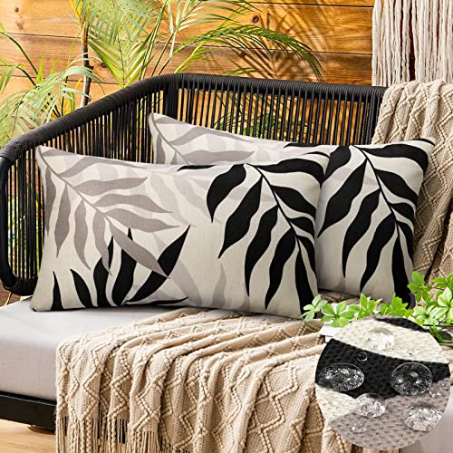 Outdoor Kissenbezug Wasserdicht Schwarz Blattmuster Dekokissen Wasserfeste Kissenbezüge Zierkissen Couchkissen Bezug für Sofa Couch Schlafzimmer 2er Set 30x50 cm Kissenbezug Grau für Sofa Kissenhülle von Hanrunsi