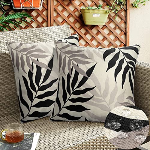 Outdoor Kissenbezug Wasserdicht Schwarz Blattmuster Dekokissen Wasserfeste Kissenbezüge Zierkissen Couchkissen Bezug für Sofa Couch Schlafzimmer 2er Set 40x40 cm Kissenbezug Grau für Sofa Kissenhülle von Hanrunsi