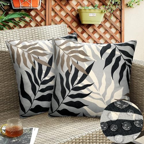 Outdoor Kissenbezug Wasserdicht Schwarz Blattmuster Kissenbezug Grau Kissenbezüge Zierkissen Couchkissen Bezug für Sofa Couch Schlafzimmer 2er Set 40x40 cm Graubraun für Sofa Kissenbezug Schwarz Weiß von Hanrunsi