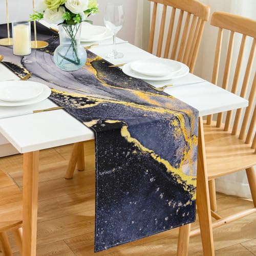 Schwarz Gold Tischläufer 33x183 cm Dekorative Tisch Läufer aus Leinen mit Marmorstruktur Tischtuch für Drinnen Draussen Küche Kaffee Kommode Home Dining Party Festival Tischdekoration Geschenk von Hanrunsi