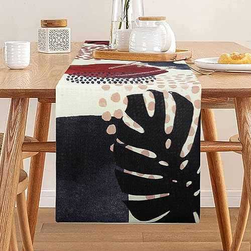 Boho Tischläufer Abstrakt Marineblau Gold Bunt Modern Geometrisch Blätter Pflanze Küchentischläufer Leinen Tischdeko Wohnzimmer 33 x 183 cm Tischdecke Läufer von Hanrunsi