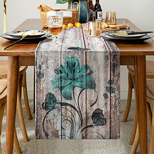 Tischläufer Blau Tischläufer Grau Modern Leinen Tischläufer Herbst Vintage Bauernhaus Küche Esstisch Dekoration für Drinnen Draußen Party Wohnzimmer Dekor Schmetterlingsmuster Blaue Lilie 40 x140 cm von Hanrunsi