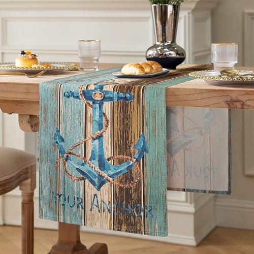Tischläufer Boho Leinen Grün Blau Grau Planken Scheune Blaugrün Läufer Ozean Anker Tischlaufer Wohnzimmer Frühling Sommer Herbst Winter für Esstisch Party Hochzeit Küche Tisch 40 x 140 cm von Hanrunsi