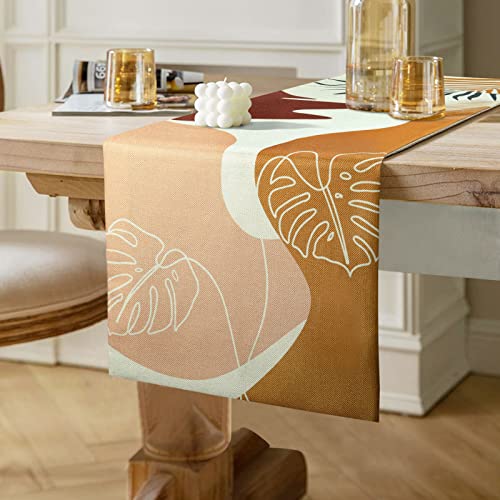 Tischläufer Braun Modern Wohnzimmer Abstrakt Boho Blatt Leinen Bauernhaus Waschbar Tischläufer Tischdeko Gelb Braun Dekor Vintage für drinnen und draußen Urlaub Party Dekor 40 x 140 cm von Hanrunsi