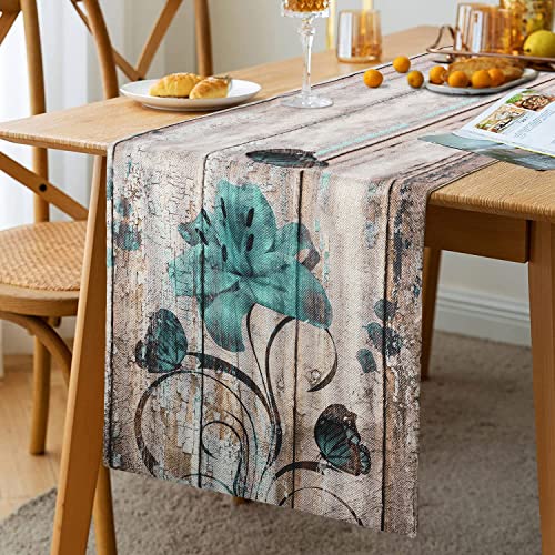 Hanrunsi Tischläufer Frühling Vintage Blau Tischläufer Grau Modern Leinen Tischläufer Herbst Vintage Bauernhaus Küche Esstisch Dekoration für Drinnen Draußen Party Wohnzimmer Dekor Lilie 33 x 183 cm von Hanrunsi