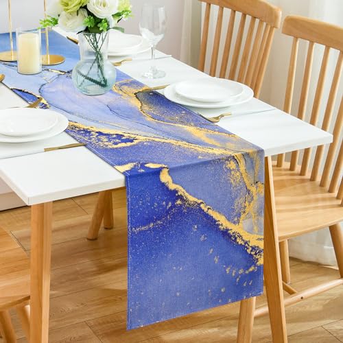 Tischläufer Frühling Modern Blau und Gold Farbverlauf Marmor Textur Tisch Läufer Rustikaler Boho Tischläufer Leinen Dekorationen für Bauernhaus, Zuhause, Küche, Esszimmer, 33 cm x 183 cm von Hanrunsi