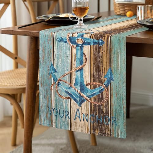 Tischläufer Modern Ozean Anker Wohnzimmer Frühling Grün Blau Grau Blaugrün Planken Scheune Läufer Tischlaufer Leinen für Esstisch Party Hochzeit Küche Tisch Dekoration 33 x 183 cm von Hanrunsi